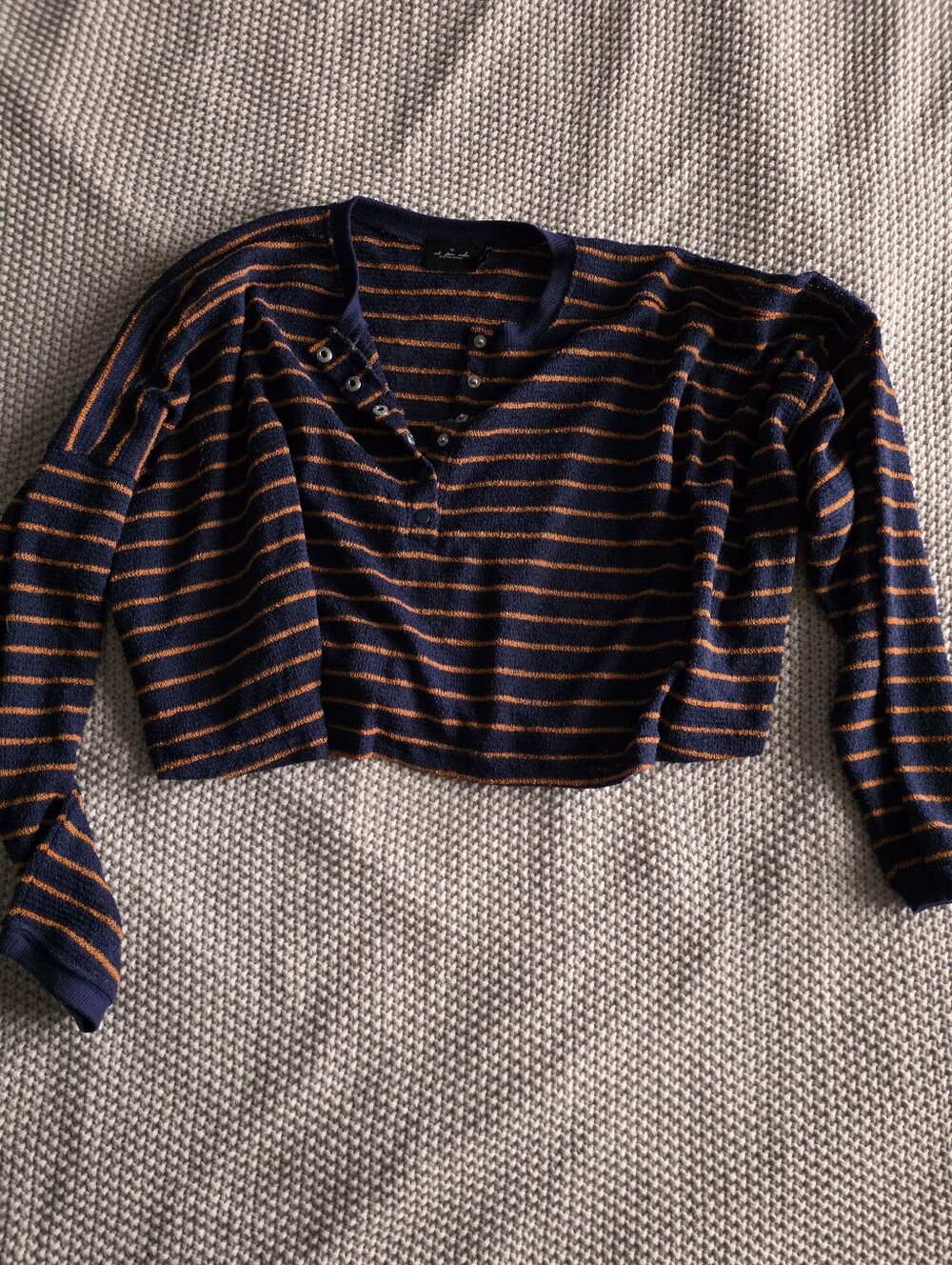 Urban Outfitters Navy and Orange Striped Cropped Henley